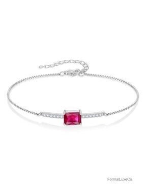 Sterling Silver Halo Rectangular Cut Birthstone Bracelet for Her